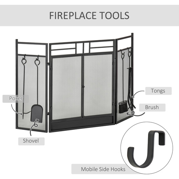 HOMCOM 3 Panel Folding Fire Screen with Double Door Fireplace Tool Accessary