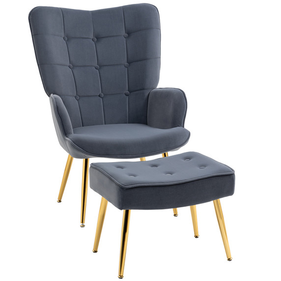 HOMCOM Button Tufted Armchair with Footstool and Gold Tone Steel Legs Dark Grey