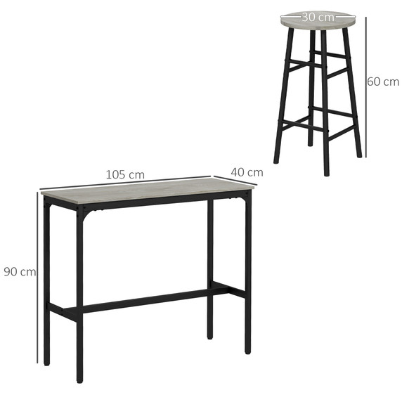 HOMCOM 3 Piece Bar Set, Industrial Kitchen and Chair Set for Small Space, Grey