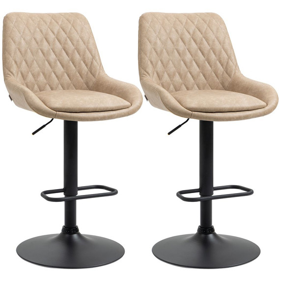 Set of 2 HOMCOM Adjustable Bar Stools in Light Khaki Faux Leather with 360° Swivel, Sturdy Steel Base, and Diamond Tufting - Ideal for Kitchen and Bar Seating