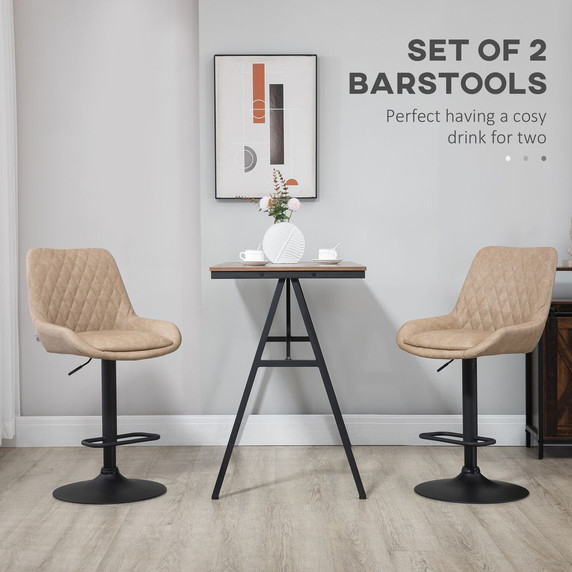 Set of 2 HOMCOM Adjustable Bar Stools in Light Khaki Faux Leather with 360° Swivel, Sturdy Steel Base, and Diamond Tufting - Ideal for Kitchen and Bar Seating