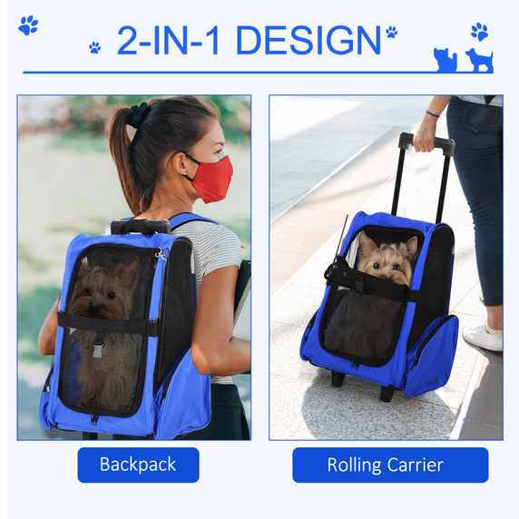 Pet Travel Backpack Bag Cat Puppy Dog Carrier w/ Trolley and Telescopic Wheel