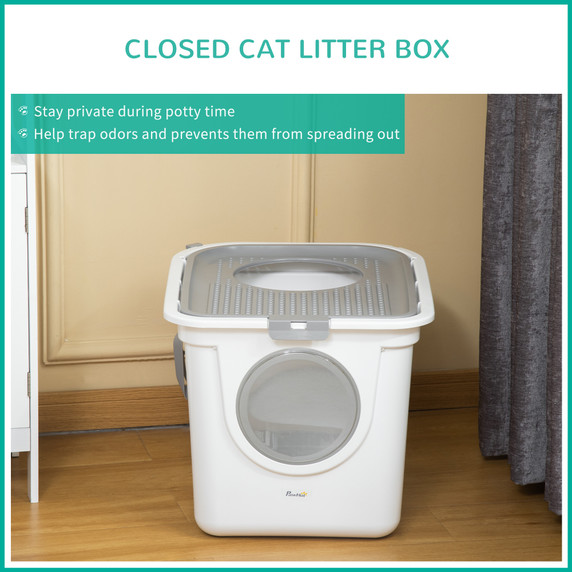 Cat Litter Tray Pet Litter Box Toilet w/ Front Entrance, Top Exit, Scoop - White