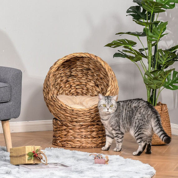 Wicker Cat House, Raised Cat Bed with Cylindrical Base, 42 x 33 x 52cm