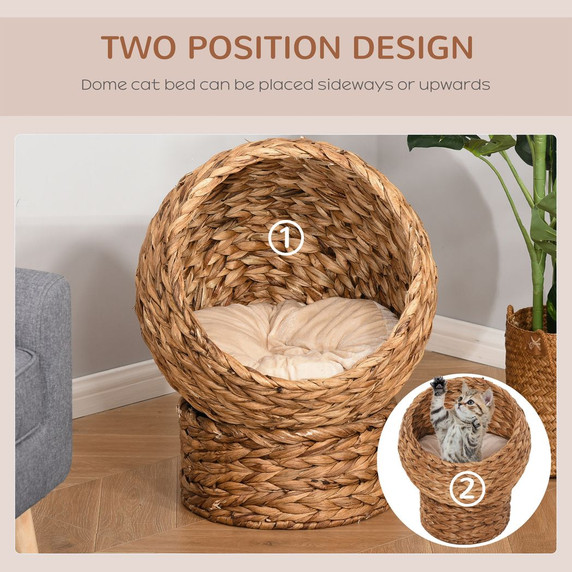 Wicker Cat House, Raised Cat Bed with Cylindrical Base, 42 x 33 x 52cm