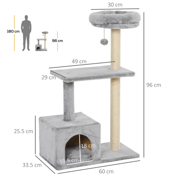 Cat Tree w/ Sisal-Covered Scratching Posts Condo Grey 60L X 33.5W X 96H cm