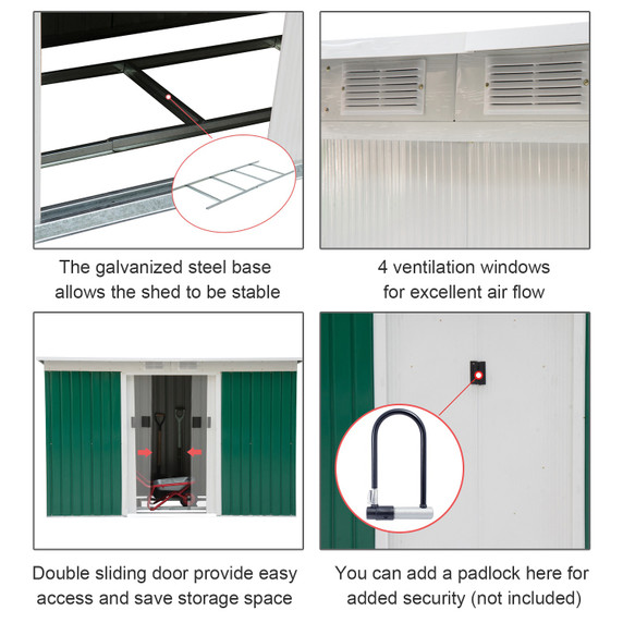 9ft x 4.25ft Garden Metal Storage Shed Equipment Tool Box Ventilation & Doors