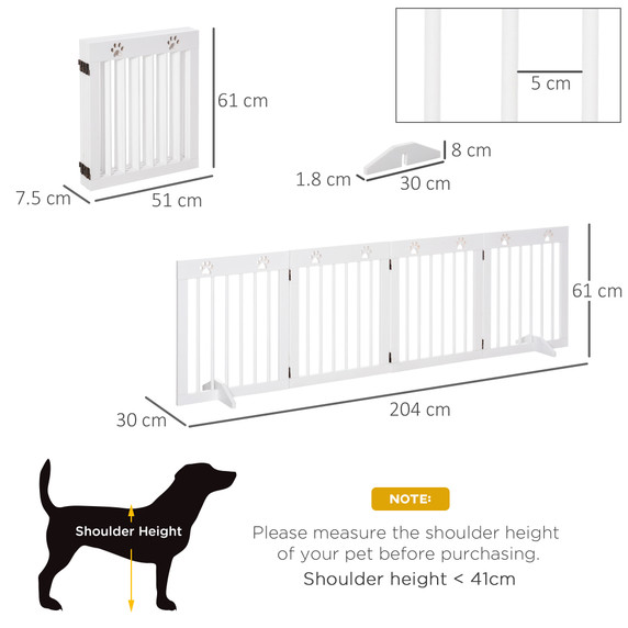 Freestanding Pet Gate 4 Panel Folding Wooden Dog Barrier w/ Support Feet