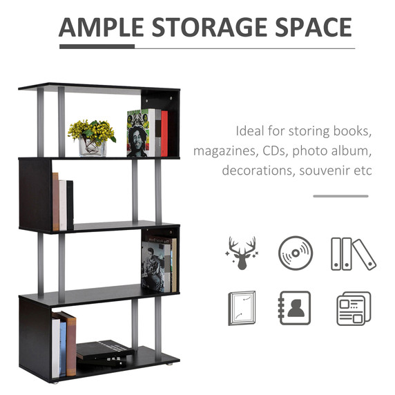 Wooden S Shape Storage Unit Bookshelf Lounge Display Room Divider-Black 