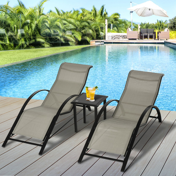 3 Pieces Lounge Chair Set Garden Sunbathing Chair w/ Table Grey Outsunny