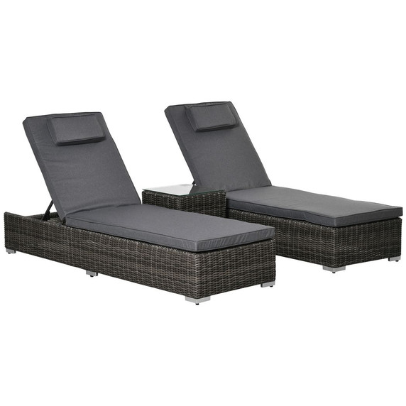 3-PCS PE Rattan Wicker Sun Lounger Set Half-Round Wicker Recliner Bed