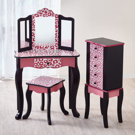 Fantasy Fields Kids Vanity Set Wooden Table With Mirror & Stool Pink