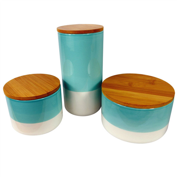 Set of Three Canisters Aqua Green Ceramic Storage Jars with Lids