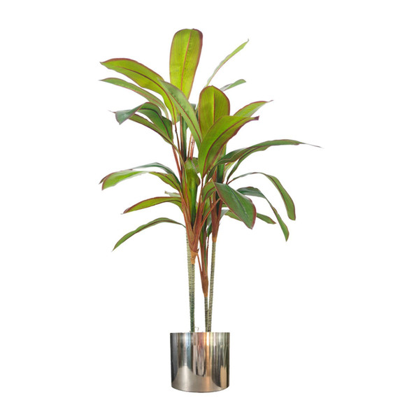 Leaf Design UK 100cm Artificial Potted Dracaena Tropical Plant with Silver Metal Planter - Lifelike Faux Plant for Stylish Indoor Decor