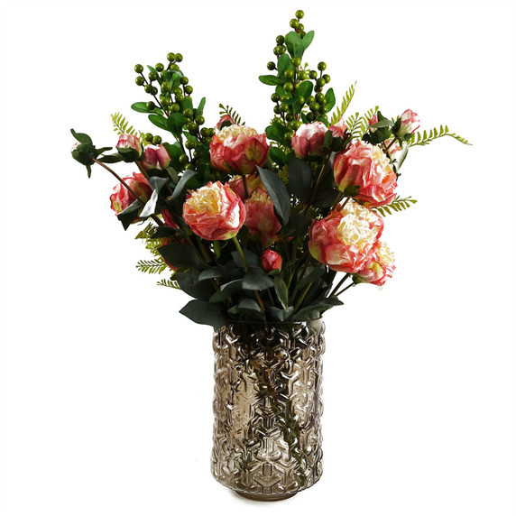 70cm Pink Peony Arrangement Glass Vase