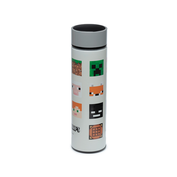 Reusable Stainless Steel Hot & Cold Insulated Drinks Bottle Digital Thermometer - Minecraft Faces