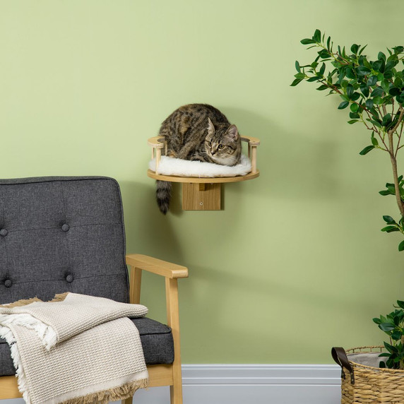 Wall-Mounted Cat Shelf with Cushion, Guardrails, 34 x 34 x 10.5cm - Beige