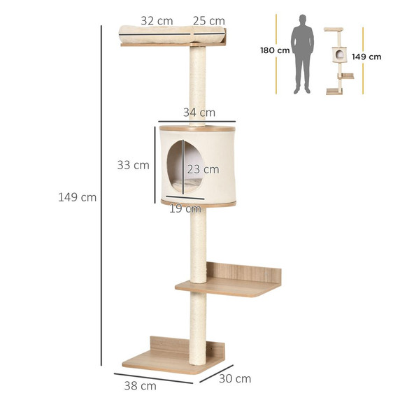 PawHut Wall-Mounted Cat Tree Shelter w/ Condo Bed Scratching Post Light Beige