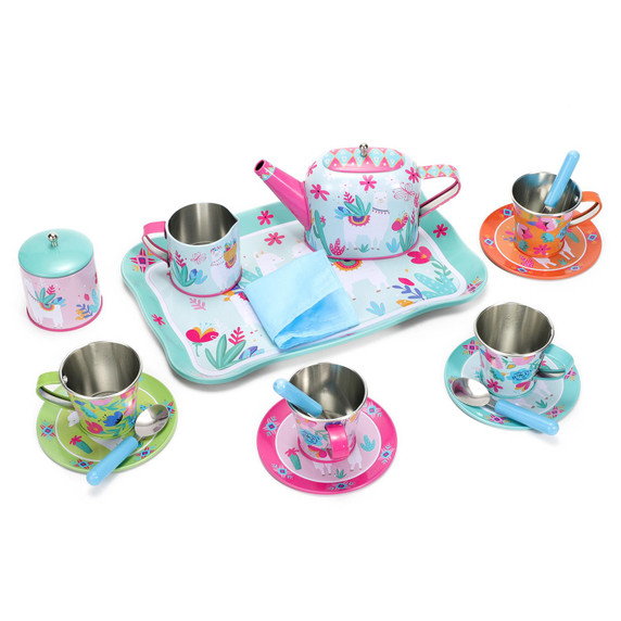 SOKA 18 Pcs Llama Metal Tin Kids Teapot Tea Party Set Carry Case Toy