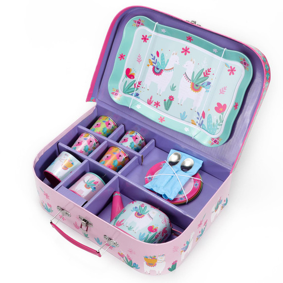 SOKA 18 Pcs Llama Metal Tin Kids Teapot Tea Party Set Carry Case Toy