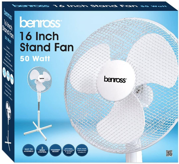 Benross 16 inch 3-Speed Stand Fan Oscillating and Tilting Head White