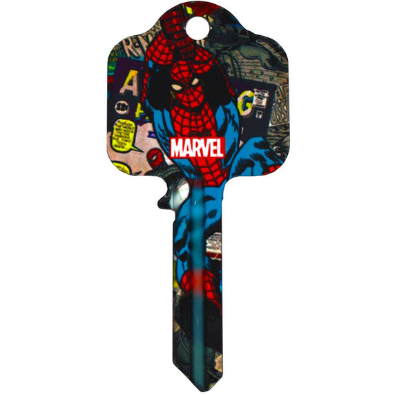 Marvel Comics Spider-Man Door Key - Officially Licensed, Ready-to-Cut Design for UL2, UL054, UL1, UL050 Locks - High-Quality Collector's Item - 78mm x 35mm - Front and Back Detailed Views