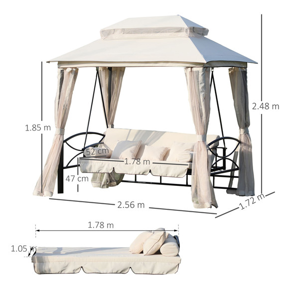 Outdoor 2-in-1 Convertible Swing Chair/Bed 3 Seater w/Nettings - Beige/Cream White