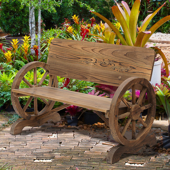  Fir Wood 2-Seater Outdoor Garden Wagon Wheel Bench