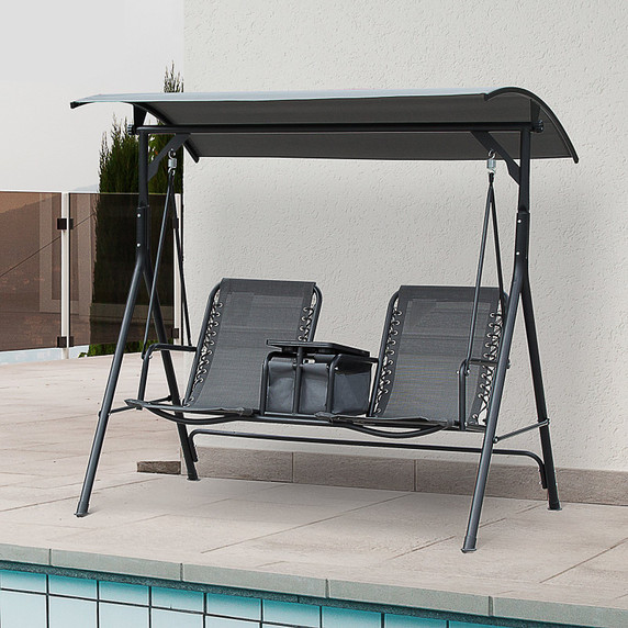 2-Seater Swing Chair  Canopy Sling Seats with Middle Table Cup Holders 