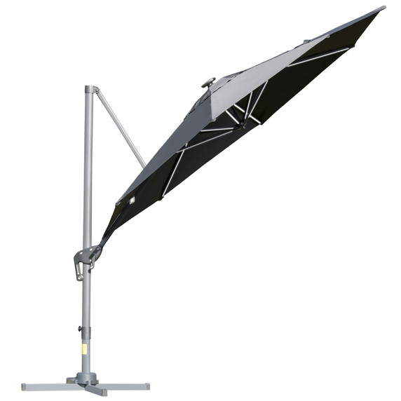 Outsunny 3m Solar LED Cantilever Parasol Adjustable Garden Umbrella w/ Base Light (Colour Options: Light Grey, Dark Grey, Khaki)