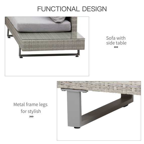 3pc Rattan Sofa Set Lounge Furniture Tea Table, Side Table & Cushioned Grey
