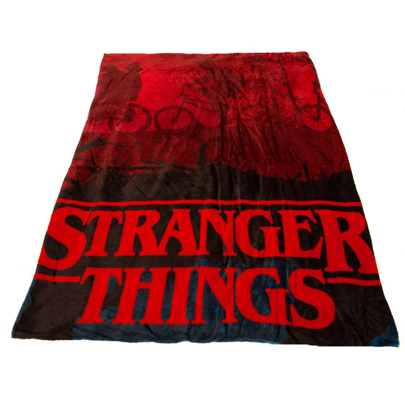 Stranger Things Premium Fleece Blanket - Upside Down Edition featuring a bright silhouette group shot and logo on soft coral fleece material, 200cm x 150cm - Official Licensed Merchandise