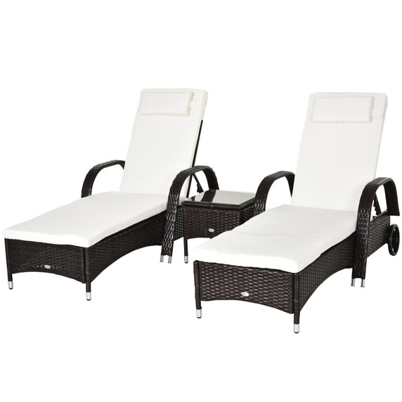 Outsunny Garden Rattan Furniture 3 PC Sun Lounger Recliner Set & Side Table Patio Wicker