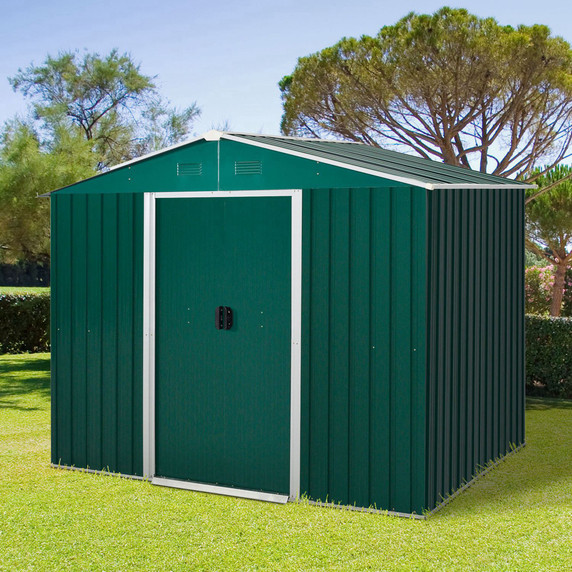 Outsunny Garden Roofed Metal Storage Shed in Green/Grey - Durable Galvanized Steel Construction with Sloped Roof, Double Sliding Doors, and Ventilation Slots - Stylish and Easy Assembly - Dimensions: 236cmx174cmx190cm