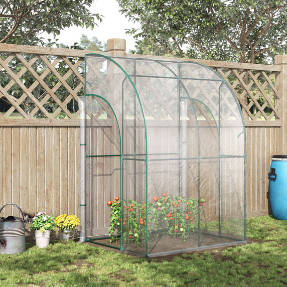 Outsunny Walk-In Lean to Wall Tunnel Greenhouse with a zippered roll-up door and transparent PVC cover. The greenhouse is supported by a durable steel frame and comes in two sizes: 143cm x 118cm x 212cm and 214cm x 118cm x 212cm. The zippered roll-up door provides easy access, and the greenhouse features roll-up windows for ventilation. Suitable for various plants, flowers, and vegetables