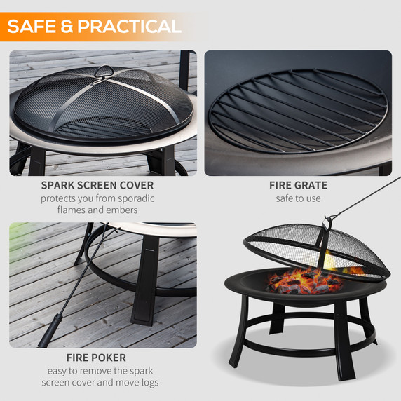 Round Metal Fire Pit With Cover-Black