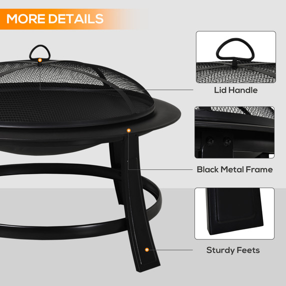 Round Metal Fire Pit With Cover-Black