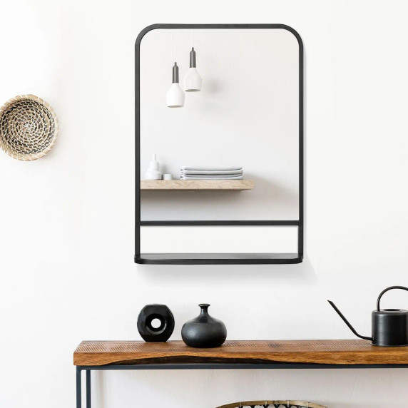 Square Wall Mirror with Shelf - Black Metal Frame - 70x50cm - Modern Home Decor