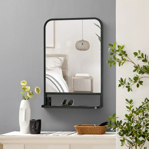 Square Wall Mirror with Shelf - Black Metal Frame - 70x50cm - Modern Home Decor