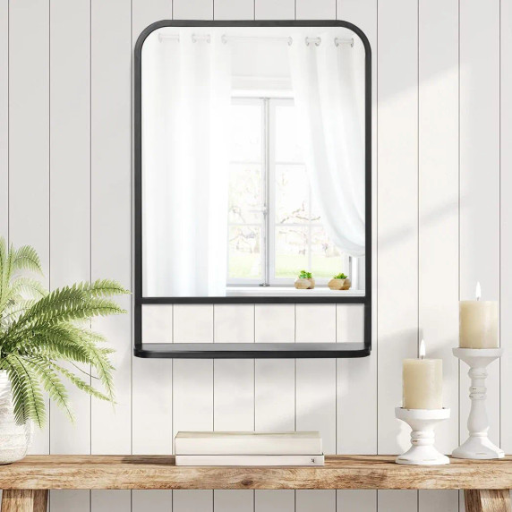 Square Wall Mirror with Shelf - Black Metal Frame - 70x50cm - Modern Home Decor