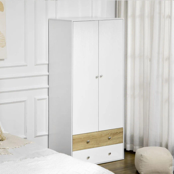 2 Door Wardrobe White Wardrobe with Drawers and Hanging Rod for Bedroom