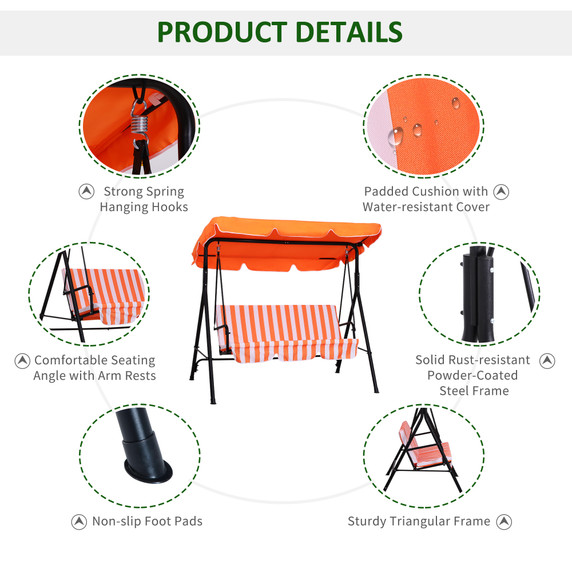 Outsunny Outdoor Metal Hammock Swing Chair 3-Seater Patio Bench Garden Orange