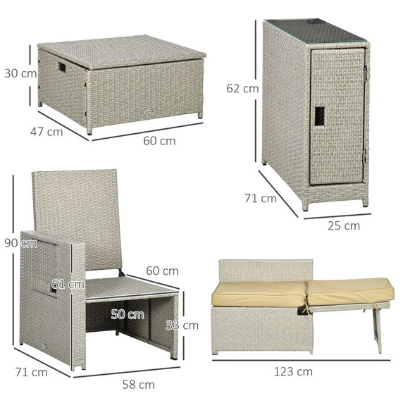 5-level Adjustable Rattan Sun Lounger w/ Storage Tea Table & Footstools, Beige