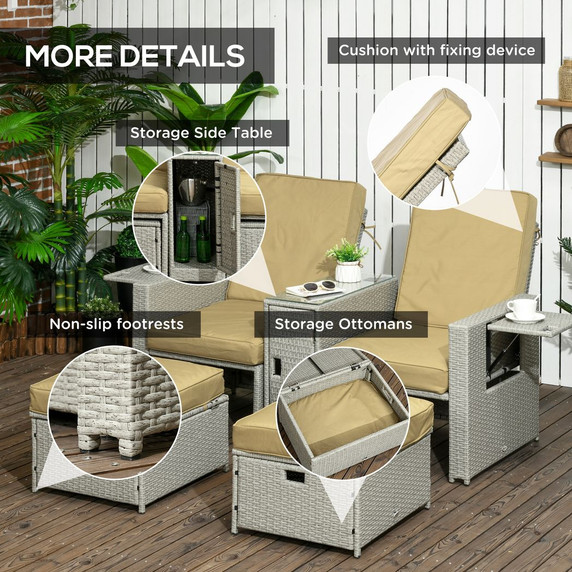 5-level Adjustable Rattan Sun Lounger w/ Storage Tea Table & Footstools, Beige