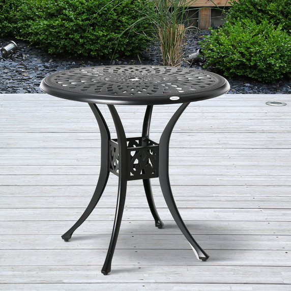 78cm Round Garden Dining Table with Parasol Hole Cast Aluminium Black Outsunny
