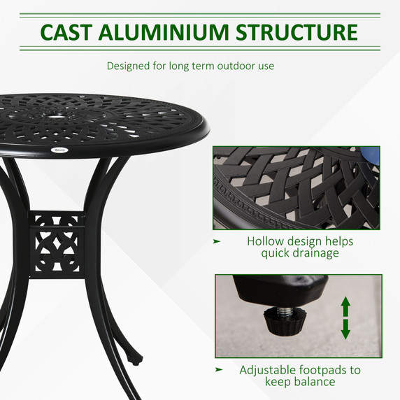 78cm Round Garden Dining Table with Parasol Hole Cast Aluminium Black Outsunny