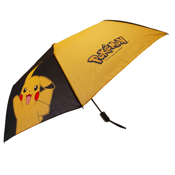 Pikachu-themed black, yellow, and white Pokémon umbrella with hard rubber handle, officially licensed, compact and stylish design, ideal for rainy days