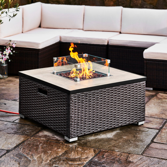 Outdoor Garden Rattan Gas Fire Pit Table with Screen, Rocks & Cover