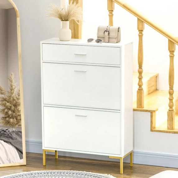 Elegant white shoe cupboard with gold-coloured feet, modern hallway storage organizer for 12 pairs of shoes. Slim design, sturdy construction. Easy assembly