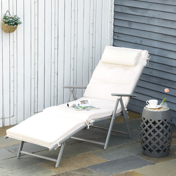 Sun Lounger Recliner Foldable Padded Seat Adjustable Texteline White